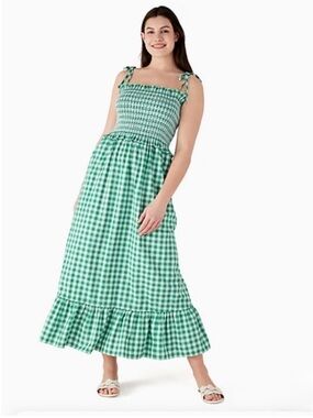 Kate Spade Gingham check Smocked-Bodice Maxi Dress in Wintergreen Sz medium NWT